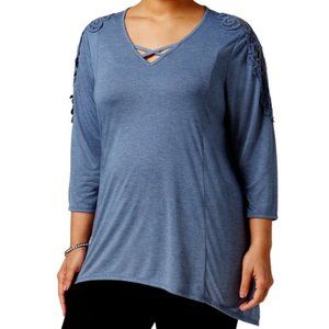 Style & Co Top Lattice V-Neck Crochet Trim Sleeves Blue Women's Plus 1X NEW